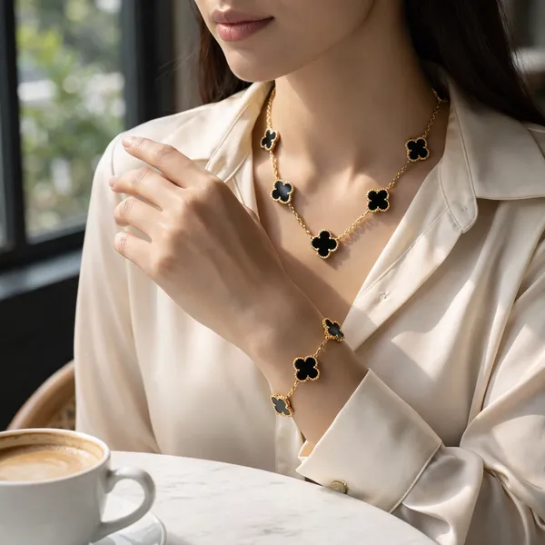 Luxury_Gold_Plated_Black_Clover_Necklace_&_Bracelet_Set_for_Women_|_Korean_Style_Floral_Charm_Jewellery_|_Elegant_Designer_Chain_Set_|_Party_Wear_Fashion_Jewelry_Gift_for_Girls