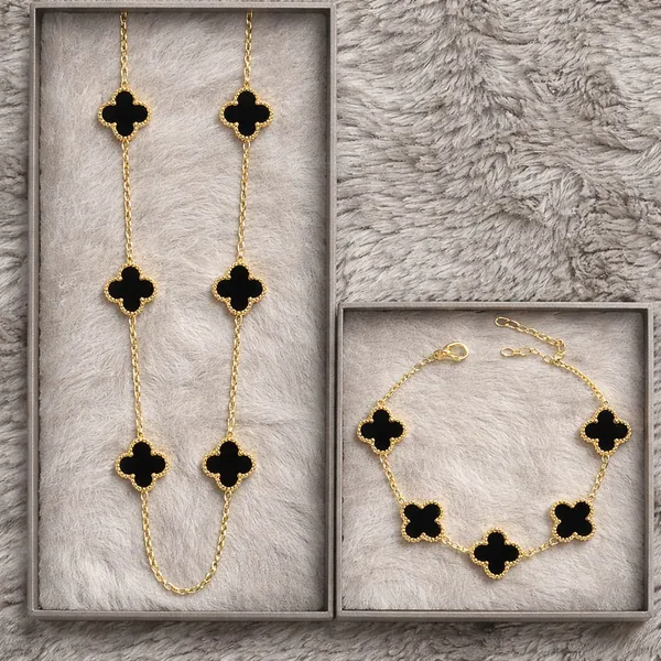 Luxury_Gold_Plated_Black_Clover_Necklace_&_Bracelet_Set_for_Women_|_Korean_Style_Floral_Charm_Jewellery_|_Elegant_Designer_Chain_Set_|_Party_Wear_Fashion_Jewelry_Gift_for_Girls