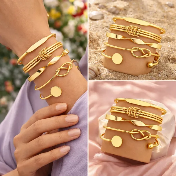Set_Of_5_Golden_Twisted_Knot_Bracelet_Stackable_Cuff_Bangles_For_Women