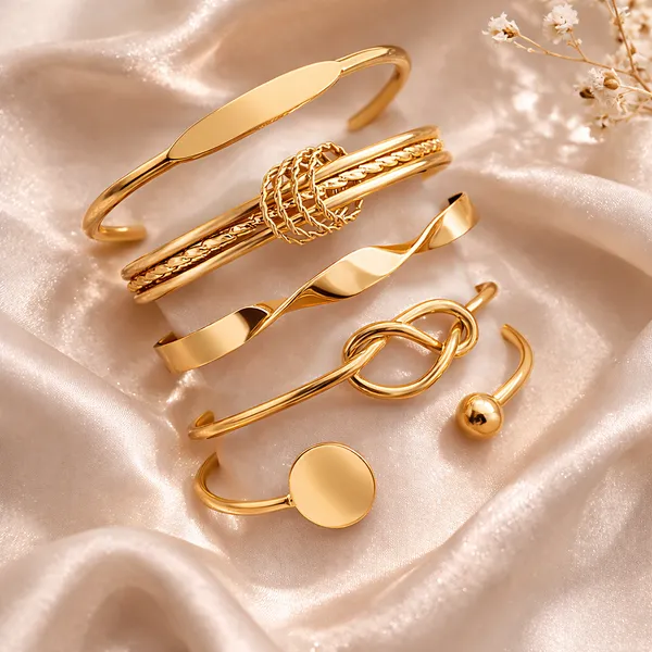 Set_Of_5_Golden_Twisted_Knot_Bracelet_Stackable_Cuff_Bangles_For_Women