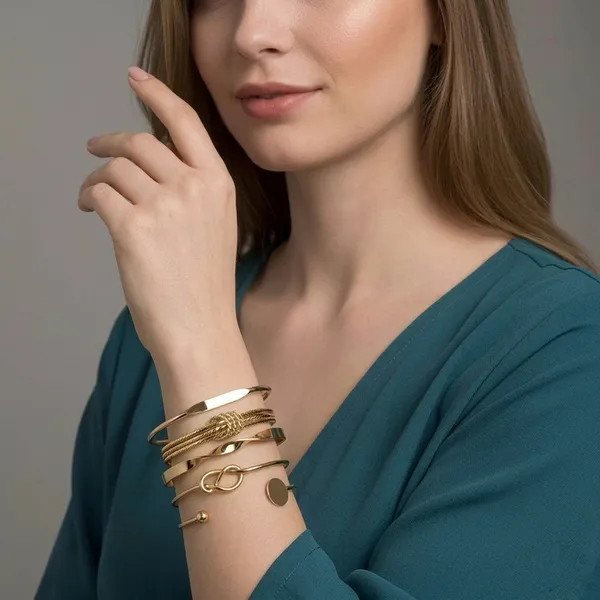 Set_Of_5_Golden_Twisted_Knot_Bracelet_Stackable_Cuff_Bangles_For_Women