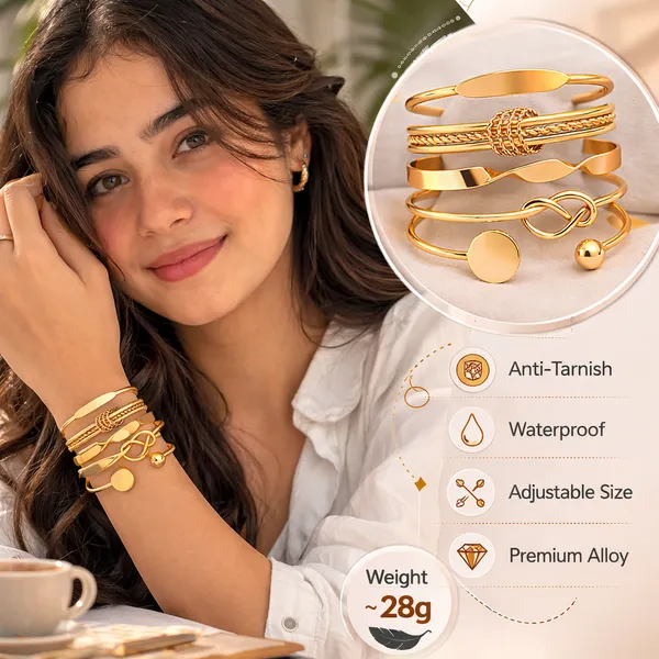 Set_Of_5_Golden_Twisted_Knot_Bracelet_Stackable_Cuff_Bangles_For_Women