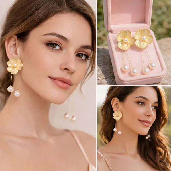 Korea_Fashion_Chic_Golden_Floral_Pearl_Drop_Earrings_|_Korean_Minimalist_Design_for_Casual,Party_&_Festival_Wear_|_Simple_Stylish_Flower_Design_With_Pearl_Drop_Tassel_Korean_Earring_for_Women_&_Girls_|_Princess_Fashion_Sea_Pearl_Drop_Jewelry.