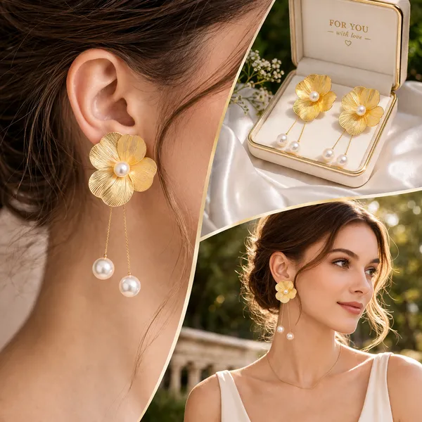 Korea_Fashion_Chic_Golden_Floral_Pearl_Drop_Earrings_|_Korean_Minimalist_Design_for_Casual,Party_&_Festival_Wear_|_Simple_Stylish_Flower_Design_With_Pearl_Drop_Tassel_Korean_Earring_for_Women_&_Girls_|_Princess_Fashion_Sea_Pearl_Drop_Jewelry.