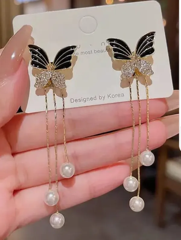Gold_Plated_Butterfly_Pearl_Drop_Earrings_for_Women_|_Korean_Style_Long_Dangle_Earrings_|_Crystal_Stylish_Party_Wear_Jewelry