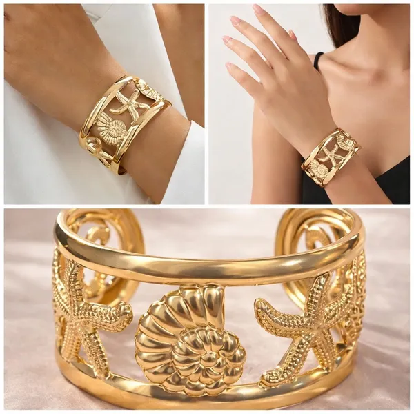 Gold_Seashell_And_Starfish_Gold_Cuff_Bracelet_For_Women