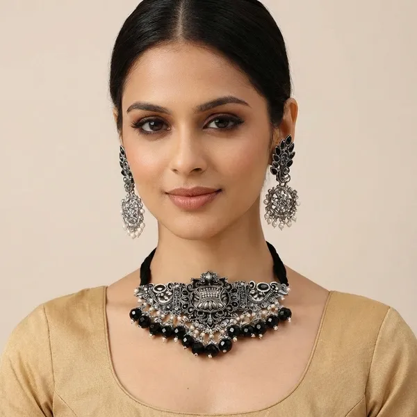 Oxidised_Silver_Choker_Necklace_Set_for_Women_|_Black_Beads_Traditional_Jewelry_with_Earrings_|_Ethnic_Bridal_Party_Wear_Set
