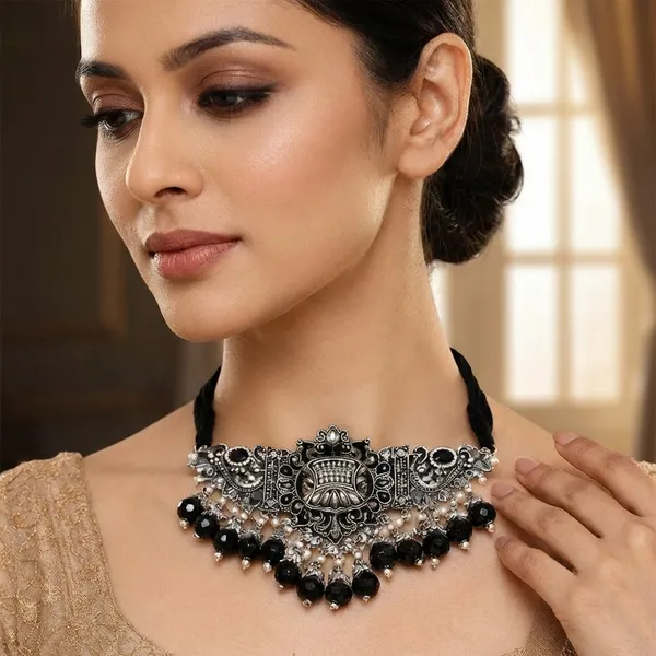 Oxidised_Silver_Choker_Necklace_Set_for_Women_|_Black_Beads_Traditional_Jewelry_with_Earrings_|_Ethnic_Bridal_Party_Wear_Set