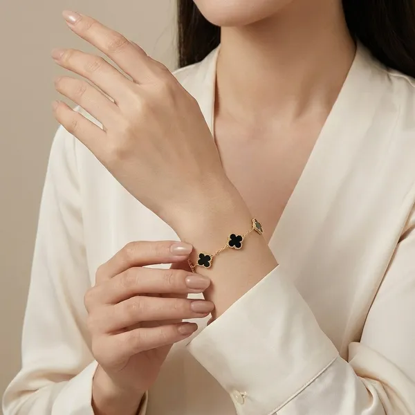 Luxury_Gold_Plated_Black_Clover_Bracelet_for_Women_|_Premium_Korean_Style_Charm_Bracelet_|_Adjustable_Designer_Fashion_Jewelry_|_Party_Wear_Elegant_Hand_Bracelet_Gift_for_Girls
