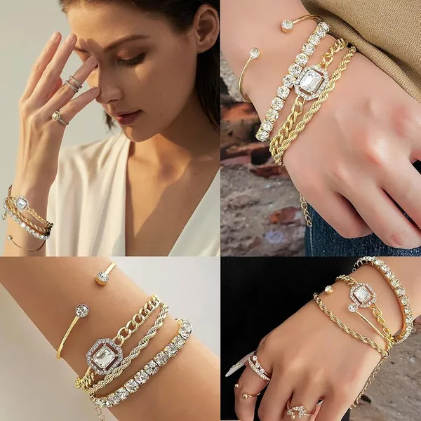 Special_Trendy_Bracelet_Set_of_4pcs_For_Women_&_Girls_Gold_Color_Heart_Geometric_Charm_Open_Cuff_Bangle