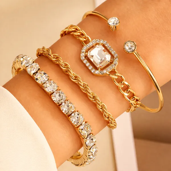 Special_Trendy_Bracelet_Set_of_4pcs_For_Women_&_Girls_Gold_Color_Heart_Geometric_Charm_Open_Cuff_Bangle