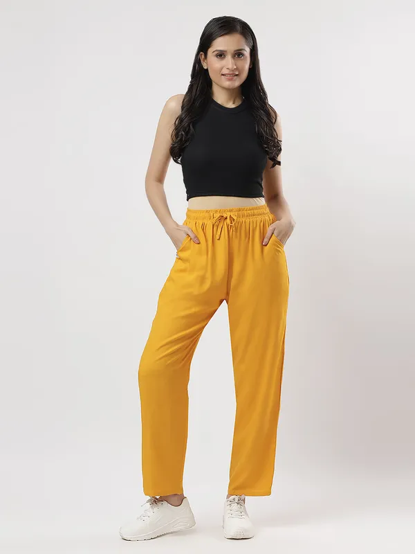 Kohinoorised_Pure_Viscose_Plain_Relaxed_Pyjamas_With_Two_Side_Pockets_Mustard