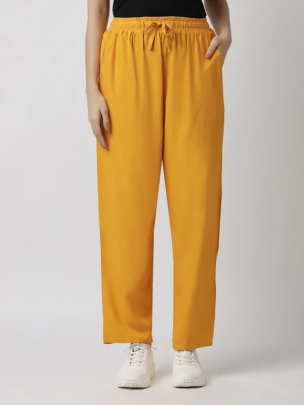 Kohinoorised_Pure_Viscose_Plain_Relaxed_Pyjamas_With_Two_Side_Pockets_Mustard