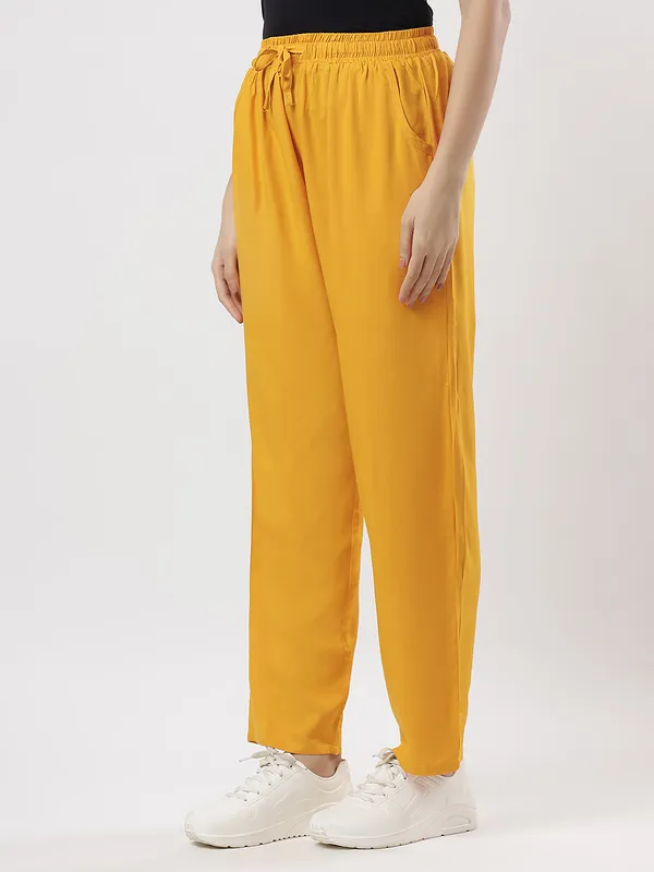 Kohinoorised_Pure_Viscose_Plain_Relaxed_Pyjamas_With_Two_Side_Pockets_Mustard