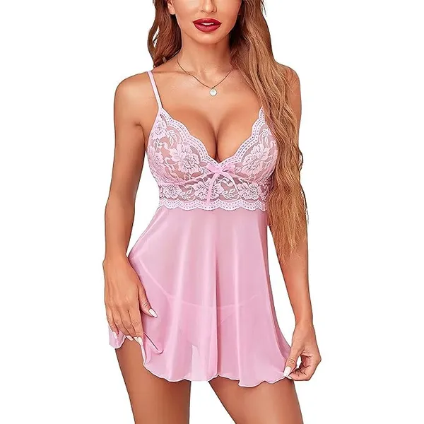 Pink_Soft_Net_Or_Polyester_Babydoll_Lingerie_Set_For_Women