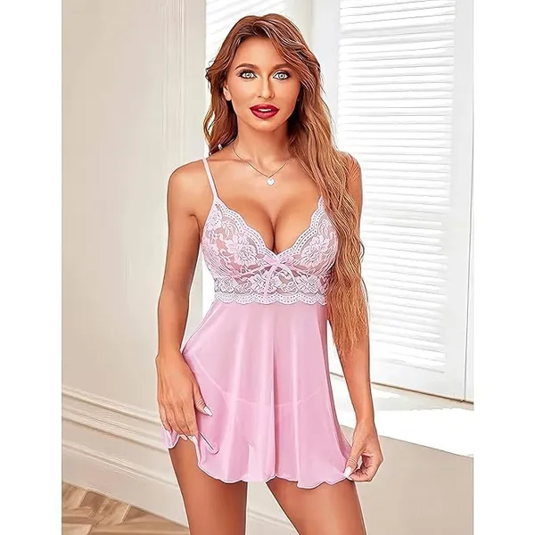 Pink_Soft_Net_Or_Polyester_Babydoll_Lingerie_Set_For_Women