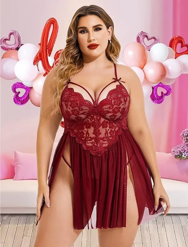 Maroon_Soft_Net_Or_Polyester_Babydoll_Lingerie_For_Women