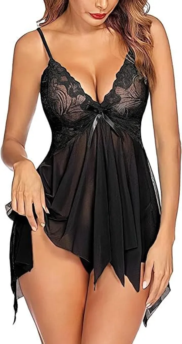 Black_Soft_Net_Or_Polyester_Babydoll_Lingerie_Set_For_Women