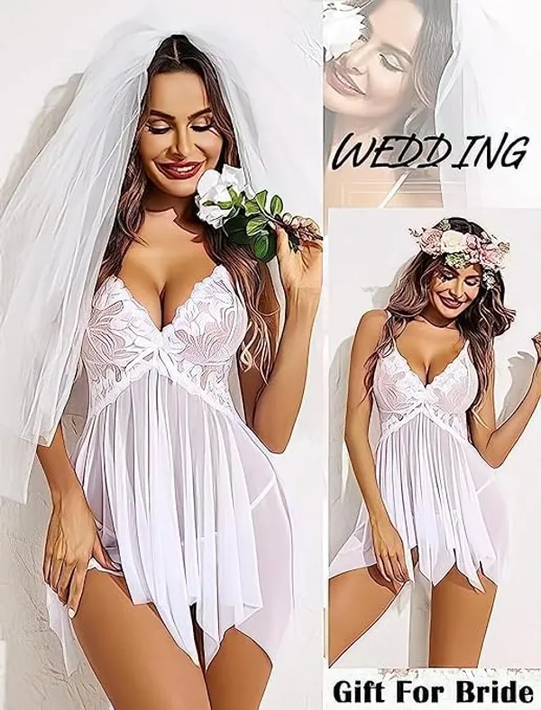 White_Soft_Net_Or_Polyester_Babydoll_Lingerie_Set_For_Women