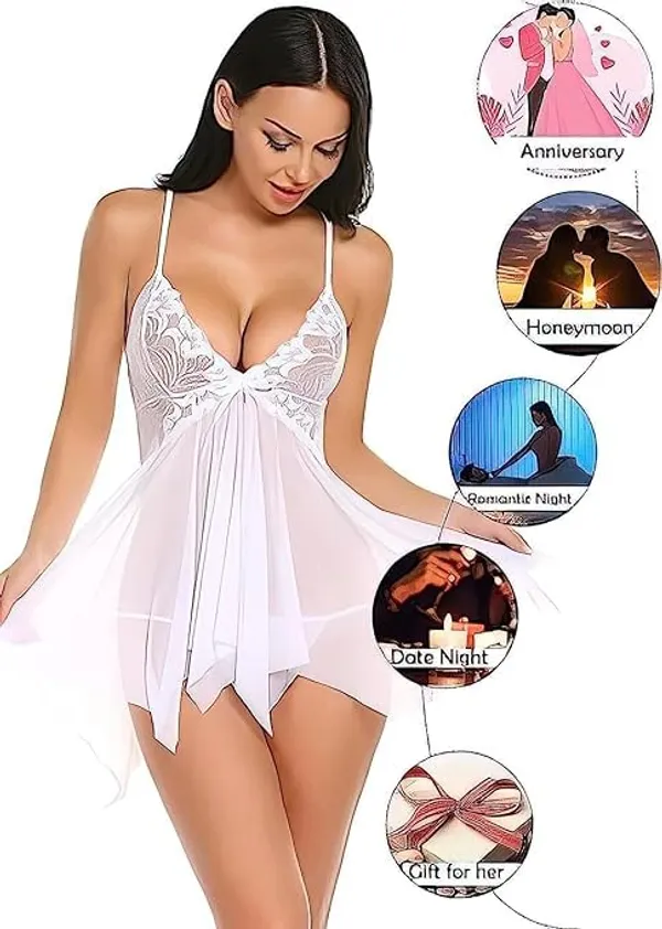 White_Soft_Net_Or_Polyester_Babydoll_Lingerie_Set_For_Women