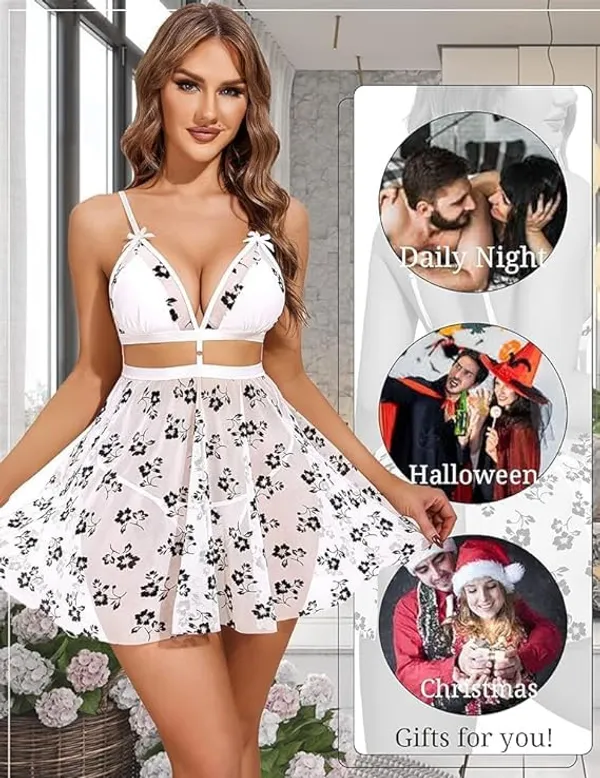 White_Soft_Net_Or_Polyester_Babydoll_Lingerie_Set_For_Women