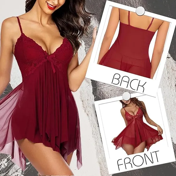 Maroon_Soft_Net_Or_Polyester_Babydoll_Lingerie_Set_For_Women