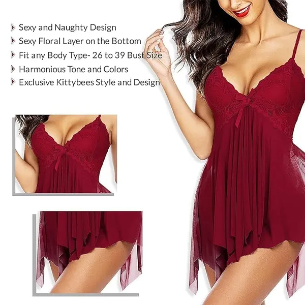 Maroon_Soft_Net_Or_Polyester_Babydoll_Lingerie_Set_For_Women
