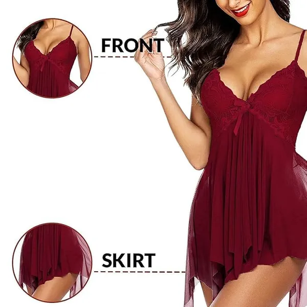 Maroon_Soft_Net_Or_Polyester_Babydoll_Lingerie_Set_For_Women