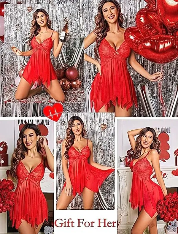Red_Soft_Net_Or_Polyester_Babydoll_Lingerie_Set_For_Women