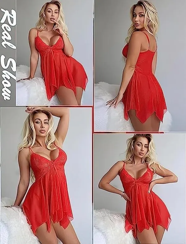 Red_Soft_Net_Or_Polyester_Babydoll_Lingerie_Set_For_Women