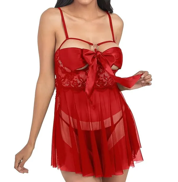 Red_Soft_Net_Or_Polyester_Babydoll_Lingerie_For_Women