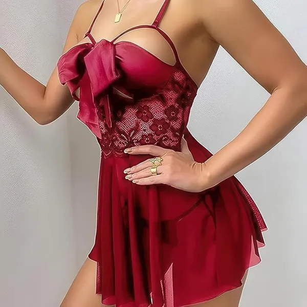 Maroon_Soft_Net_Or_Polyester_Babydoll_Lingerie_Set_For_Women