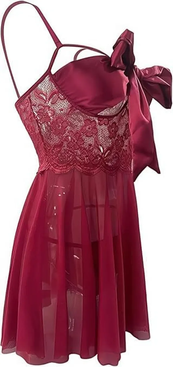Maroon_Soft_Net_Or_Polyester_Babydoll_Lingerie_Set_For_Women