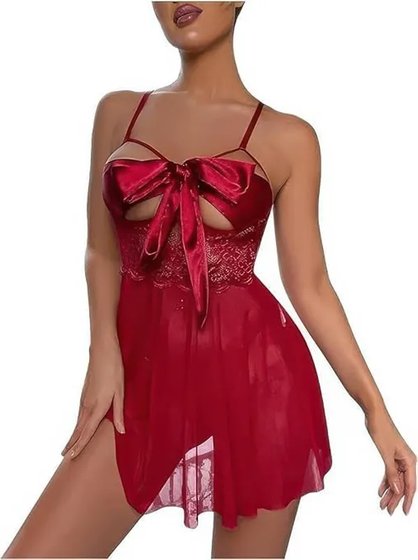 Maroon_Soft_Net_Or_Polyester_Babydoll_Lingerie_Set_For_Women