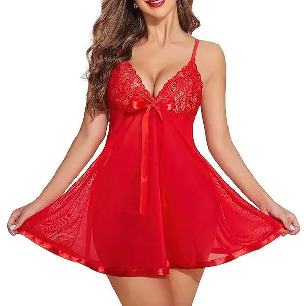 Red_Soft_Net_Or_Polyester_Babydoll_Lingerie_Set_For_Women