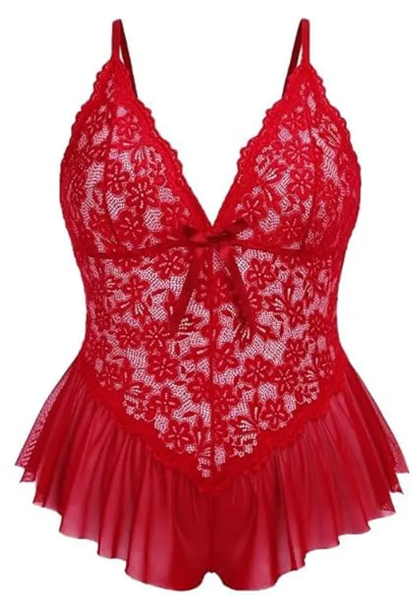 Red_Soft_Net_Or_Polyester_Babydoll_Lingerie_Set_For_Women