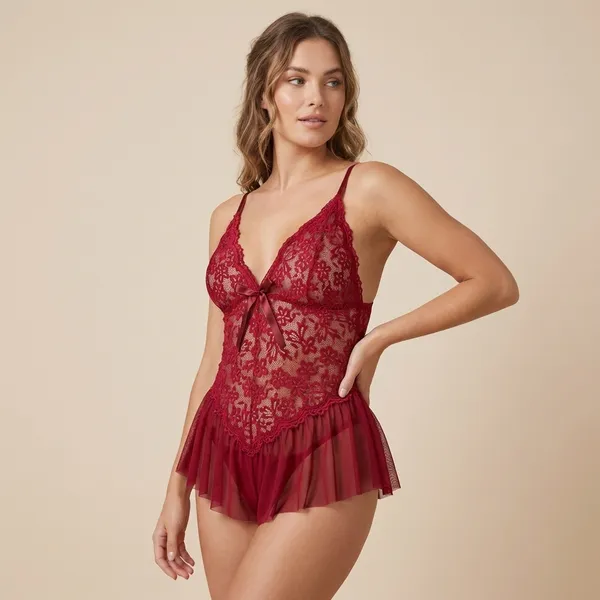 Maroon_Soft_Net_Or_Polyester_Babydoll_Lingerie_For_Women