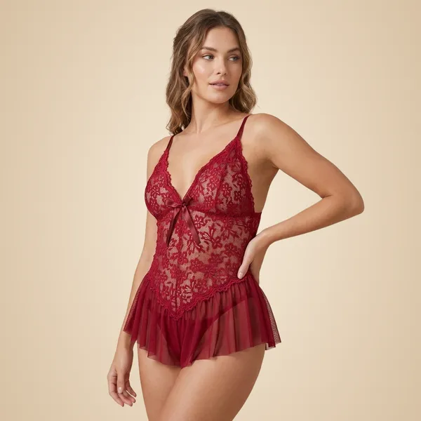 Maroon_Soft_Net_Or_Polyester_Babydoll_Lingerie_For_Women