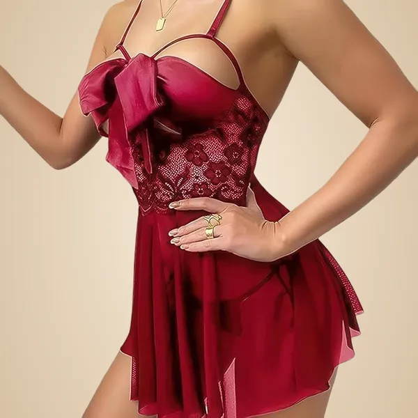 Maroon_Soft_Net_Or_Polyester_Babydoll_Lingerie_Set_For_Women