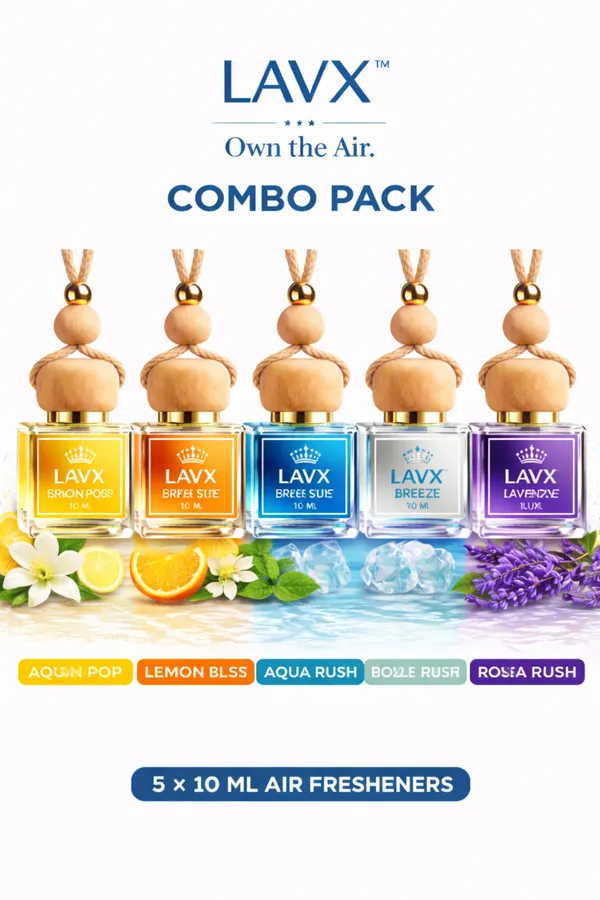 LAVX_Car_Perfume_Hanging_Combo_Pack_of_5_(Royal_Oud,_Aqua_Rush,_Cool_Breeze,_Lavender_Luxe,_Lemon_Pop)_|_Long_Lasting_Air_Freshener_|_Premium_Car_Fragrance_Set