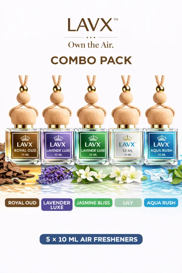 LAVX_Combo_Pack_of_5_(Royal_Oud,_Lavender_Luxe,_Jasmine_Bliss,_Lily,_Aqua_Rush)_|_Luxury_Air_Freshener_|_10ml_Each