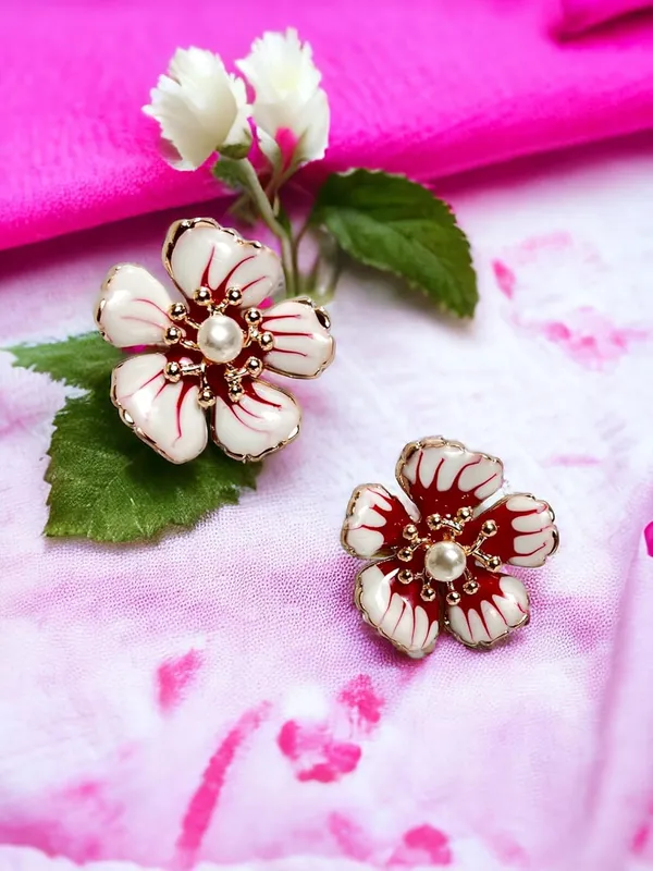 Red_&_White_Enamel_Floral_Stud_Earrings_with_Pearl_Center_|_Designer_Statement_Flower_Earrings_for_Women
