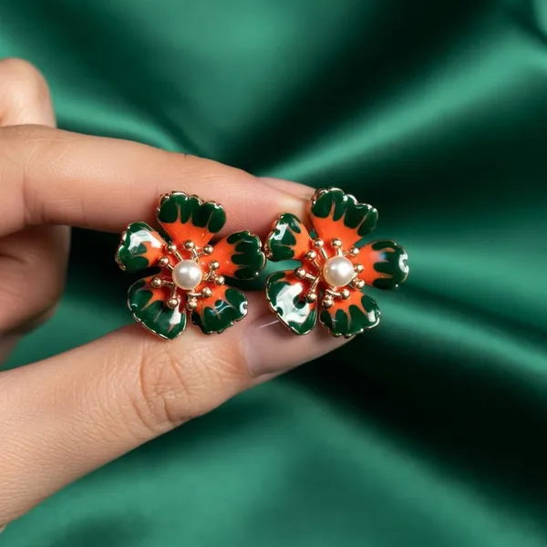 Enamel_Floral_Stud_Earrings_with_Pearl_Center_|_Designer_Statement_Flower_Earrings_for_Women