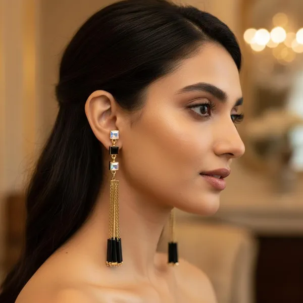 Gold_Plated_Long_Tassel_Earrings_With_Black_Beads_&_Crystal_Studs_|_Stylish_Party_Wear_Drop_Earrings_For_Women_&_Girls