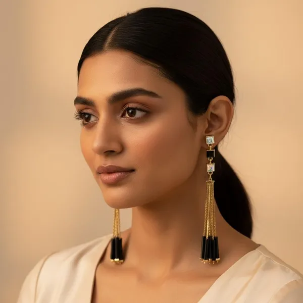 Gold_Plated_Long_Tassel_Earrings_With_Black_Beads_&_Crystal_Studs_|_Stylish_Party_Wear_Drop_Earrings_For_Women_&_Girls