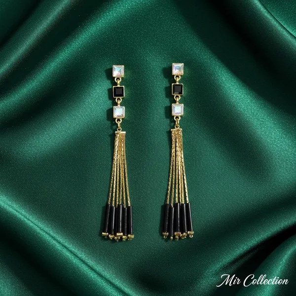 Gold_Plated_Long_Tassel_Earrings_With_Black_Beads_&_Crystal_Studs_|_Stylish_Party_Wear_Drop_Earrings_For_Women_&_Girls