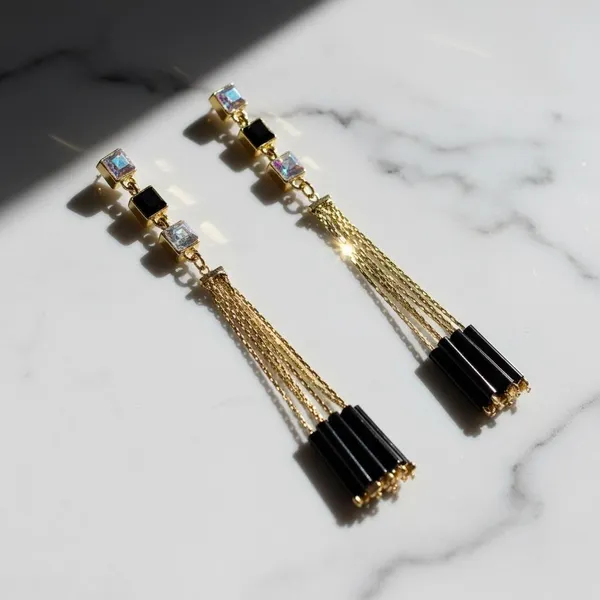 Gold_Plated_Long_Tassel_Earrings_With_Black_Beads_&_Crystal_Studs_|_Stylish_Party_Wear_Drop_Earrings_For_Women_&_Girls