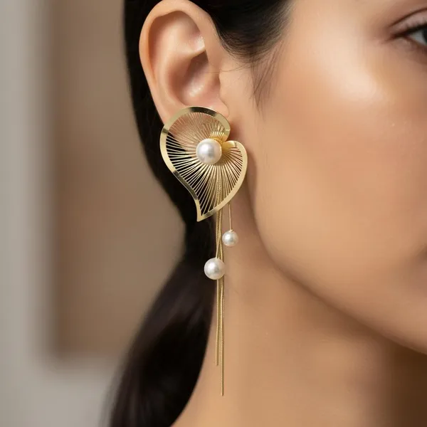 Gold_Plated_Leaf_Design_Pearl_Drop_Earrings_|_Elegant_Long_Chain_Dangle_Earrings_For_Women_&_Girls_|_Party_&_Wedding_Wear