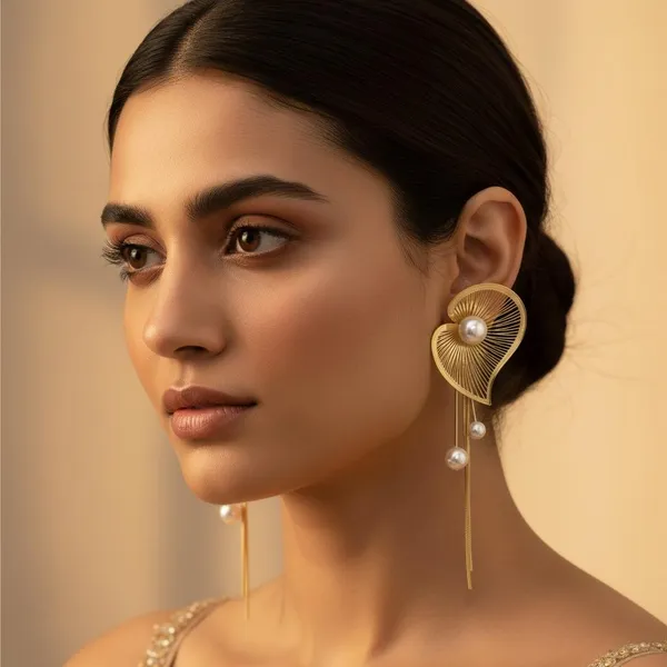 Gold_Plated_Leaf_Design_Pearl_Drop_Earrings_|_Elegant_Long_Chain_Dangle_Earrings_For_Women_&_Girls_|_Party_&_Wedding_Wear