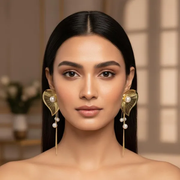 Gold_Plated_Leaf_Design_Pearl_Drop_Earrings_|_Elegant_Long_Chain_Dangle_Earrings_For_Women_&_Girls_|_Party_&_Wedding_Wear